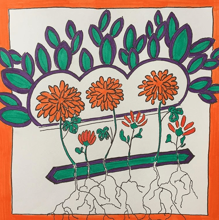 marker-drawing-of-orange-flowers-with-growing-roots-and-green-leaves