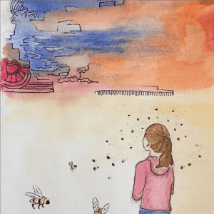 drawing-of-girl-looking-at-surreal-landscape-with-bees-surrounding-her