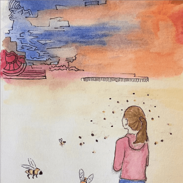 drawing-of-girl-looking-at-surreal-landscape-with-bees-surrounding-her
