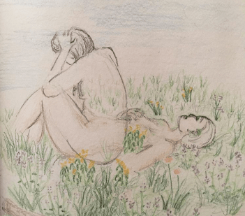 drawing-of-woman-lying-in-field-of-wildflowers