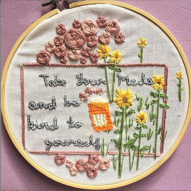 embroidery-hoop-with-words-take-your-meds-and-be-kind-to-yourself-with-flowers-and-pill-bottle