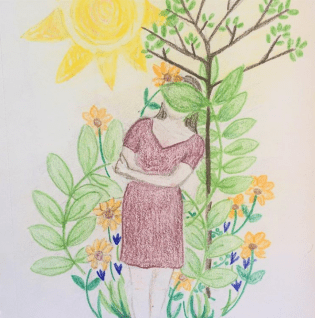 drawing of woman surrounded by plant growth
