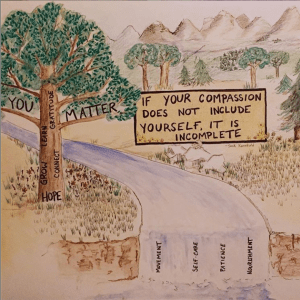 drawing of landscape with tree and river and words about self-compassion