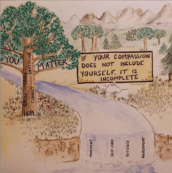 drawing of landscape with tree and river and words about self-compassion
