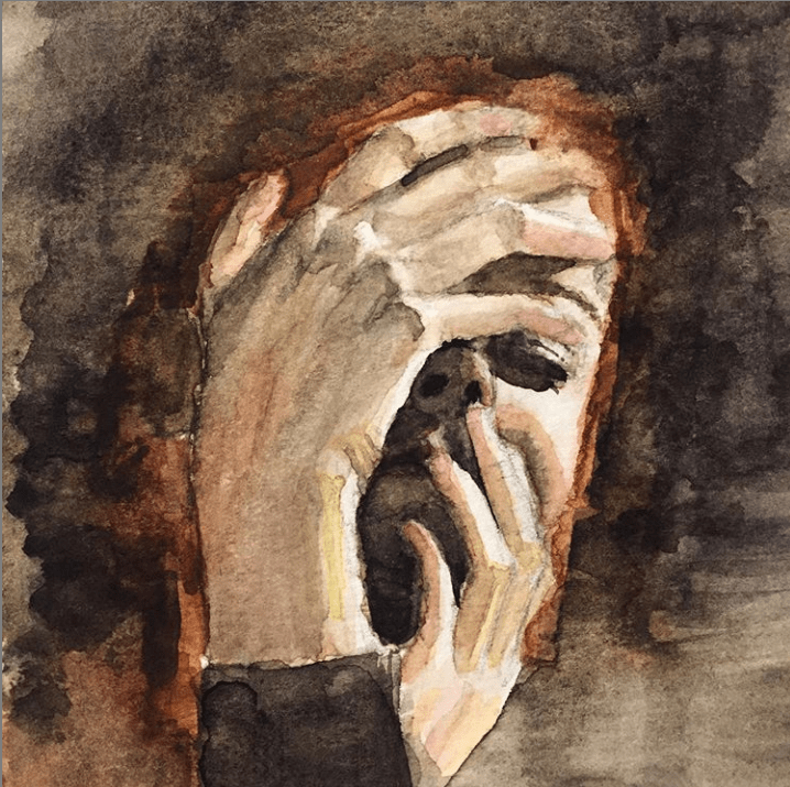 watercolor painting of woman's putting hands on face with eyes closed and dark background