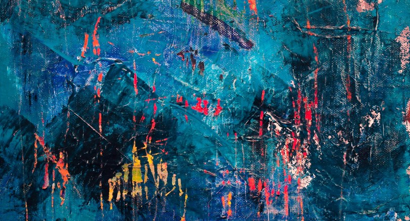 An abstract blue and red painting with wide brush strokes and vertical red lines