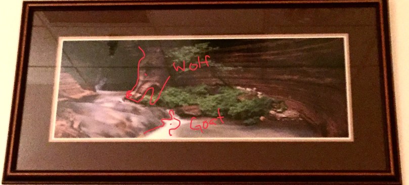 framed photo of river flowing through canyon with shapes of wolf and mountain goat outlined in red