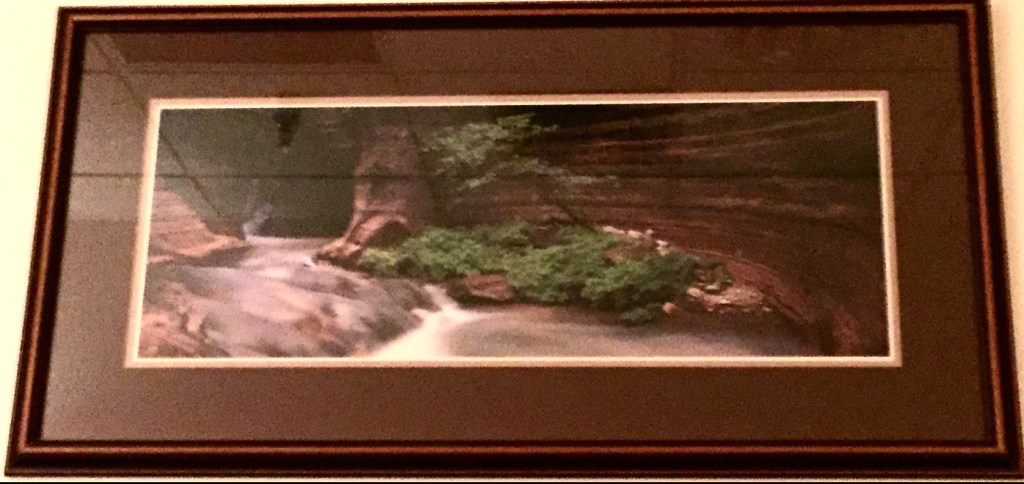 framed photo of river flowing through canyon