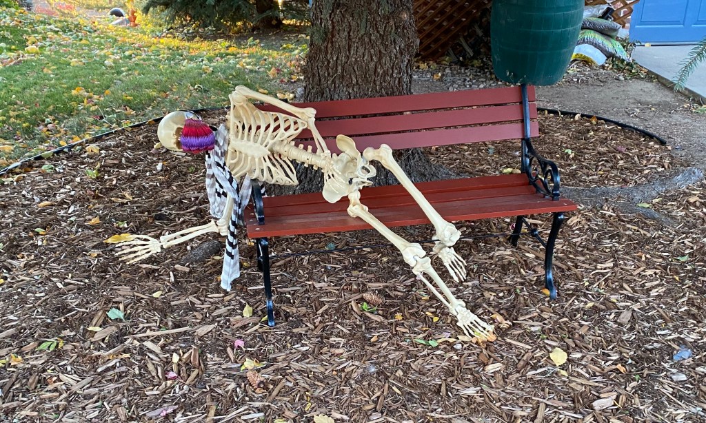 plastic-skeleton-wearing-scarf-and-cloth-mask-lying-on-red-park-bench