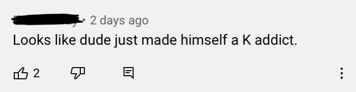 Youtube comment with two upvotes stating looks like dude just made himself a k addict