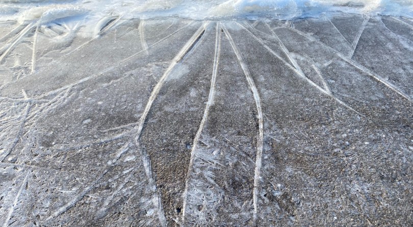 A network of raised ice patterns on concrete