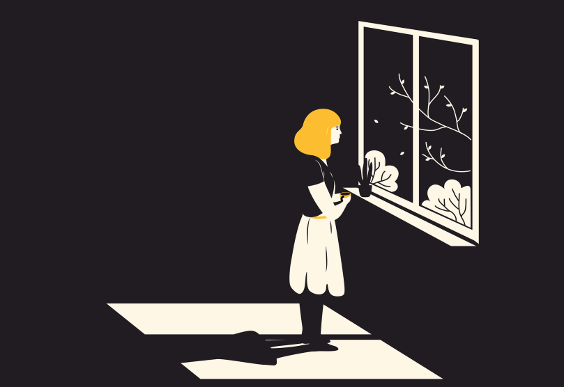 a black and white illustration of a woman standing in front of a window in a dark room at night