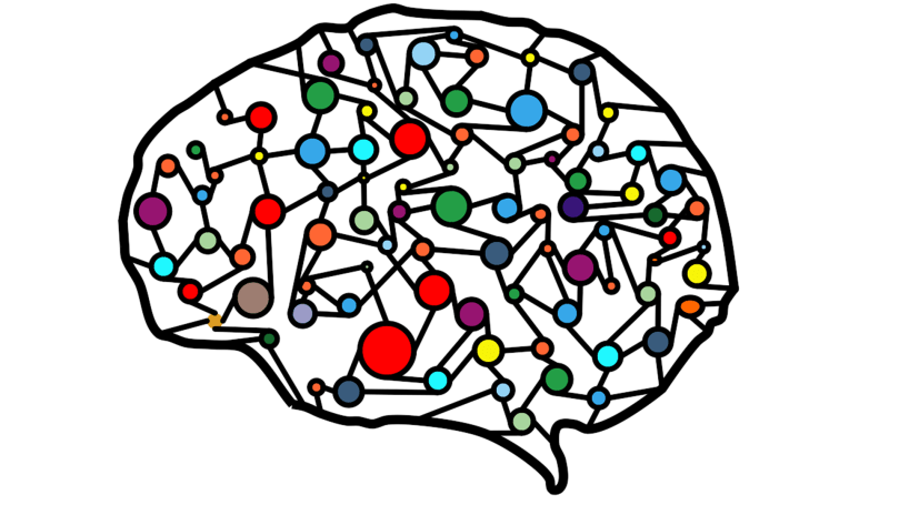 Illustration of a brain outline with colorful shapes connected by lines depicting neural network